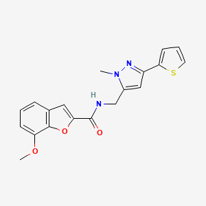 molecular formula C19H17N3O3S B2529748 7-Methoxy-N-[(2-methyl-5-thiophen-2-ylpyrazol-3-yl)methyl]-1-benzofuran-2-carboxamide CAS No. 2309192-71-8