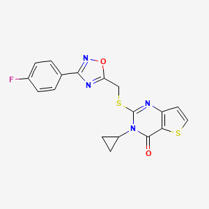 molecular formula C18H13FN4O2S2 B2529801 3-cyclopropyl-2-(((3-(4-fluorophenyl)-1,2,4-oxadiazol-5-yl)methyl)thio)thieno[3,2-d]pyrimidin-4(3H)-one CAS No. 1223808-26-1