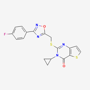 molecular formula C18H13FN4O2S2 B2529801 3-Cyclopropyl-2-(((3-(4-Fluorphenyl)-1,2,4-oxadiazol-5-yl)methyl)thio)thieno[3,2-d]pyrimidin-4(3H)-on CAS No. 1223808-26-1