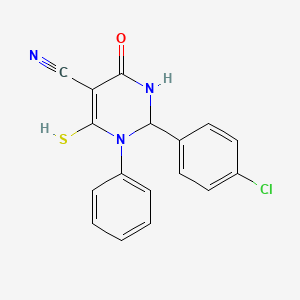 molecular formula C17H12ClN3OS B2529805 2-(4-Chlorophenyl)-4-oxo-1-phenyl-6-sulfanyl-1,2,3,4-tetrahydropyrimidine-5-carbonitrile CAS No. 497868-19-6