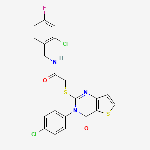 molecular formula C21H14Cl2FN3O2S2 B2529848 N-(2-chloro-4-fluorobenzyl)-2-{[3-(4-chlorophenyl)-4-oxo-3,4-dihydrothieno[3,2-d]pyrimidin-2-yl]sulfanyl}acetamide CAS No. 1260995-04-7
