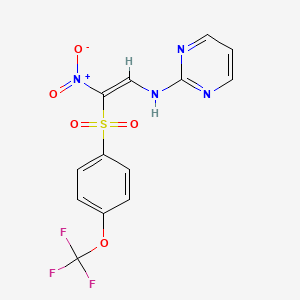 molecular formula C13H9F3N4O5S B2529860 1-Nitro-2-(pyrimidin-2-ylamino)-1-((4-(trifluoromethoxy)phenyl)sulfonyl)ethene CAS No. 1025590-81-1