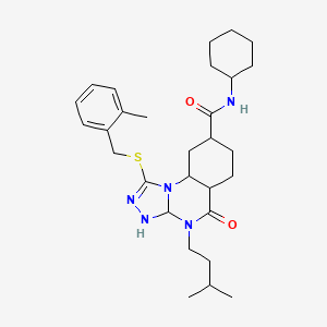 molecular formula C29H35N5O2S B2529875 N-cyclohexyl-4-(3-methylbutyl)-1-{[(2-methylphenyl)methyl]sulfanyl}-5-oxo-4H,5H-[1,2,4]triazolo[4,3-a]quinazoline-8-carboxamide CAS No. 2034302-55-9