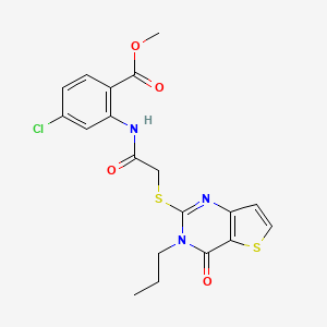 molecular formula C19H18ClN3O4S2 B2529884 methyl 4-chloro-2-[2-({4-oxo-3-propyl-3H,4H-thieno[3,2-d]pyrimidin-2-yl}sulfanyl)acetamido]benzoate CAS No. 1252824-86-4