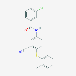 molecular formula C21H15ClN2OS B2529959 3-chloro-N-{3-cyano-4-[(2-methylphenyl)sulfanyl]phenyl}benzenecarboxamide CAS No. 306980-78-9