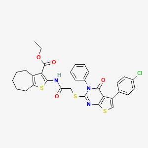 molecular formula C32H28ClN3O4S3 B2529992 ethyl 2-[[2-[5-(4-chlorophenyl)-4-oxo-3-phenylthieno[2,3-d]pyrimidin-2-yl]sulfanylacetyl]amino]-5,6,7,8-tetrahydro-4H-cyclohepta[b]thiophene-3-carboxylate CAS No. 670273-90-2