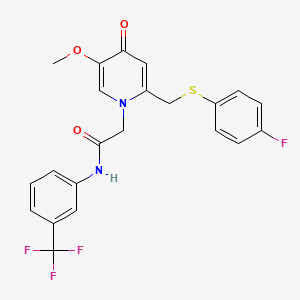 molecular formula C22H18F4N2O3S B2530012 2-(2-(((4-fluorophenyl)thio)methyl)-5-methoxy-4-oxopyridin-1(4H)-yl)-N-(3-(trifluoromethyl)phenyl)acetamide CAS No. 920222-33-9