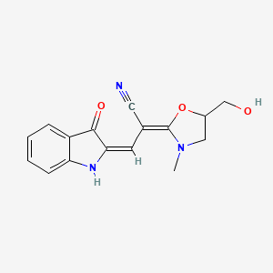 molecular formula C16H15N3O3 B2530013 2-[5-(Hydroxymethyl)-3-methyl-1,3-oxazolidin-2-ylidene]-3-(3-oxo-1,3-dihydro-2H-indol-2-ylidene)propanenitrile CAS No. 425399-08-2