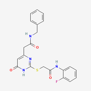 molecular formula C21H19FN4O3S B2530014 N-benzyl-2-(2-((2-((2-fluorophenyl)amino)-2-oxoethyl)thio)-6-oxo-1,6-dihydropyrimidin-4-yl)acetamide CAS No. 1105239-15-3