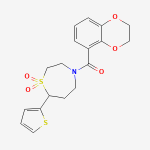 molecular formula C18H19NO5S2 B2530036 (2,3-Dihydrobenzo[b][1,4]dioxin-5-yl)(1,1-dioxido-7-(thiophen-2-yl)-1,4-thiazepan-4-yl)methanone CAS No. 2034514-66-2