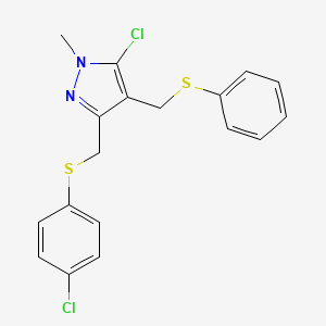molecular formula C18H16Cl2N2S2 B2530065 5-Chloro-3-[(4-chlorophenyl)sulfanylmethyl]-1-methyl-4-(phenylsulfanylmethyl)pyrazole CAS No. 318234-40-1