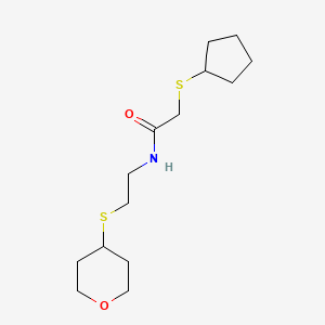 molecular formula C14H25NO2S2 B2530128 2-(cyclopentylthio)-N-(2-((tetrahydro-2H-pyran-4-yl)thio)ethyl)acetamide CAS No. 2034424-75-2
