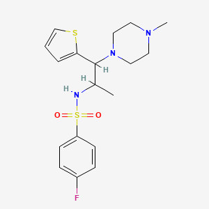 molecular formula C18H24FN3O2S2 B2530172 4-fluoro-N-[1-(4-methylpiperazin-1-yl)-1-thiophen-2-ylpropan-2-yl]benzenesulfonamide CAS No. 847381-08-2