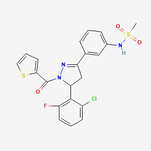 molecular formula C21H17ClFN3O3S2 B2530188 N-[3-[3-(2-chloro-6-fluorophenyl)-2-(thiophene-2-carbonyl)-3,4-dihydropyrazol-5-yl]phenyl]methanesulfonamide CAS No. 838394-42-6