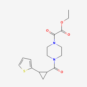 molecular formula C16H20N2O4S B2530189 2-氧代-2-(4-(2-(噻吩-2-基)环丙烷羰基)哌嗪-1-基)乙酸乙酯 CAS No. 1210967-60-4