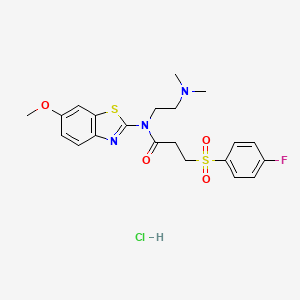 molecular formula C21H25ClFN3O4S2 B2530269 N-(2-(dimethylamino)ethyl)-3-((4-fluorophenyl)sulfonyl)-N-(6-methoxybenzo[d]thiazol-2-yl)propanamide hydrochloride CAS No. 1216629-24-1