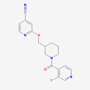 molecular formula C18H17FN4O2 B2530273 2-[[1-(3-Fluoropyridine-4-carbonyl)piperidin-3-yl]methoxy]pyridine-4-carbonitrile CAS No. 2379947-61-0