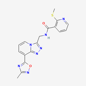 molecular formula C17H15N7O2S B2530288 N-((8-(3-methyl-1,2,4-oxadiazol-5-yl)-[1,2,4]triazolo[4,3-a]pyridin-3-yl)methyl)-2-(methylthio)nicotinamide CAS No. 2034458-13-2