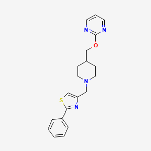 molecular formula C20H22N4OS B2530291 2-Phenyl-4-[[4-(pyrimidin-2-yloxymethyl)piperidin-1-yl]methyl]-1,3-thiazole CAS No. 2380044-21-1