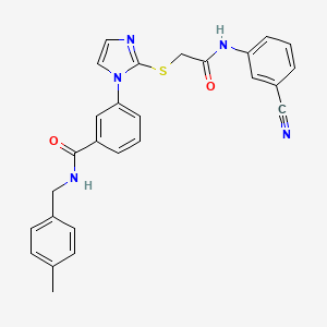 molecular formula C27H23N5O2S B2530300 3-(2-((2-((3-cyanophenyl)amino)-2-oxoethyl)thio)-1H-imidazol-1-yl)-N-(4-methylbenzyl)benzamide CAS No. 1115564-52-7