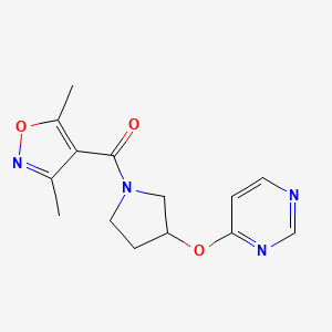 molecular formula C14H16N4O3 B2530308 (3,5-Dimethylisoxazol-4-yl)(3-(pyrimidin-4-yloxy)pyrrolidin-1-yl)methanone CAS No. 2034297-64-6