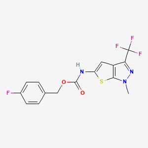 molecular formula C15H11F4N3O2S B2530330 N-[1-methyl-3-(trifluoromethyl)-5-thieno[2,3-c]pyrazolyl]carbamic acid (4-fluorophenyl)methyl ester CAS No. 866143-87-5
