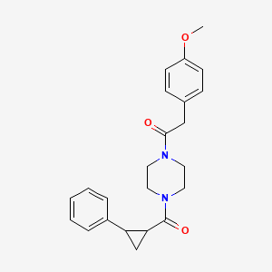 molecular formula C23H26N2O3 B2530358 2-(4-Methoxyphenyl)-1-(4-(2-phenylcyclopropanecarbonyl)piperazin-1-yl)ethanone CAS No. 1206995-41-6