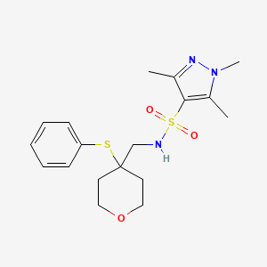 molecular formula C18H25N3O3S2 B2530383 1,3,5-trimethyl-N-((4-(phenylthio)tetrahydro-2H-pyran-4-yl)methyl)-1H-pyrazole-4-sulfonamide CAS No. 1797845-37-4