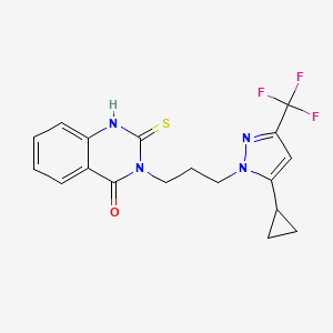 molecular formula C18H17F3N4OS B2530388 3-(3-(5-Cyclopropyl-3-(trifluoromethyl)-1H-pyrazol-1-yl)propyl)-2-mercaptoquinazolin-4(3H)-one CAS No. 1006345-64-7