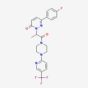 molecular formula C23H21F4N5O2 B2530408 6-(4-fluorophenyl)-2-(1-oxo-1-(4-(5-(trifluoromethyl)pyridin-2-yl)piperazin-1-yl)propan-2-yl)pyridazin-3(2H)-one CAS No. 1235377-59-9