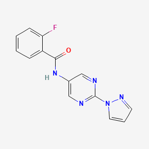 molecular formula C14H10FN5O B2530445 N-(2-(1H-吡唑-1-基)嘧啶-5-基)-2-氟苯甲酰胺 CAS No. 1421469-64-8