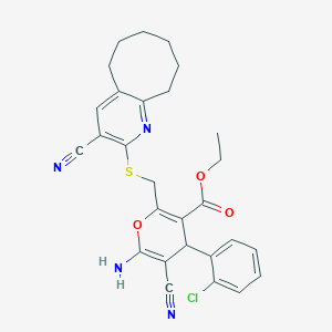 ethyl 6-amino-4-(2-chlorophenyl)-5-cyano-2-{[(3-cyano-5,6,7,8,9,10-hexahydrocycloocta[b]pyridin-2-yl)sulfanyl]methyl}-4H-pyran-3-carboxylate