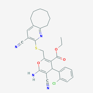 molecular formula C28H27ClN4O3S B2530511 6-氨基-4-(2-氯苯基)-5-氰基-2-{[(3-氰基-5,6,7,8,9,10-六氢环辛并[b]吡啶-2-基)硫代]甲基}-4H-吡喃-3-羧酸乙酯 CAS No. 316358-94-8