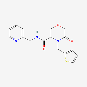 molecular formula C16H17N3O3S B2530512 5-oxo-N-(pyridin-2-ylmethyl)-4-(thiophen-2-ylmethyl)morpholine-3-carboxamide CAS No. 1421444-40-7
