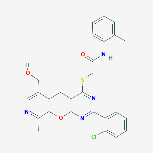 molecular formula C27H23ClN4O3S B2530540 2-{[2-(2-chlorophenyl)-6-(hydroxymethyl)-9-methyl-5H-pyrido[4',3':5,6]pyrano[2,3-d]pyrimidin-4-yl]thio}-N-(2-methylphenyl)acetamide CAS No. 867040-70-8