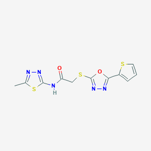 molecular formula C11H9N5O2S3 B2530571 N-(5-methyl-1,3,4-thiadiazol-2-yl)-2-((5-(thiophen-2-yl)-1,3,4-oxadiazol-2-yl)thio)acetamide CAS No. 1170392-13-8