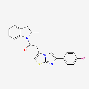 molecular formula C22H18FN3OS B2530580 1-{[6-(4-Fluorophenyl)imidazo[2,1-b][1,3]thiazol-3-yl]acetyl}-2-methylindoline CAS No. 897464-68-5