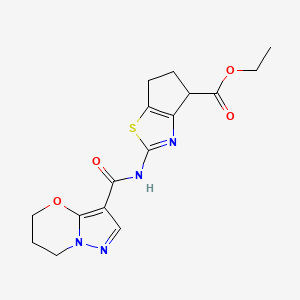 molecular formula C16H18N4O4S B2530588 ethyl 2-(6,7-dihydro-5H-pyrazolo[5,1-b][1,3]oxazine-3-carboxamido)-5,6-dihydro-4H-cyclopenta[d]thiazole-4-carboxylate CAS No. 1428374-68-8