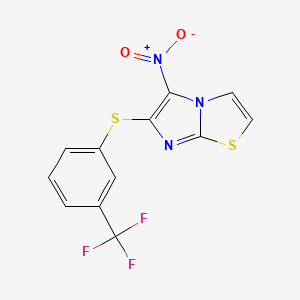 molecular formula C12H6F3N3O2S2 B2530631 5-Nitro-6-{[3-(trifluoromethyl)phenyl]sulfanyl}imidazo[2,1-b][1,3]thiazole CAS No. 343376-01-2