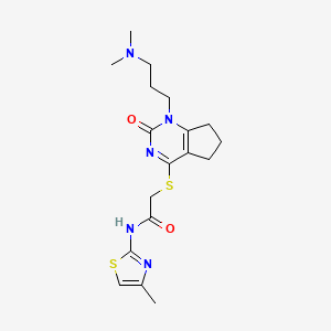 molecular formula C18H25N5O2S2 B2530727 2-((1-(3-(二甲氨基)丙基)-2-氧代-2,5,6,7-四氢-1H-环戊[d]嘧啶-4-基)硫代)-N-(4-甲基噻唑-2-基)乙酰胺 CAS No. 898460-05-4
