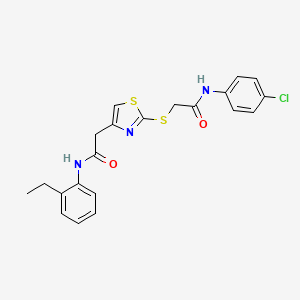 molecular formula C21H20ClN3O2S2 B2530730 N-(4-chlorophenyl)-2-((4-(2-((2-ethylphenyl)amino)-2-oxoethyl)thiazol-2-yl)thio)acetamide CAS No. 954018-34-9