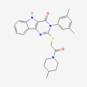 molecular formula C26H28N4O2S B2530754 3-(3,5-dimethylphenyl)-2-[2-(4-methylpiperidin-1-yl)-2-oxoethyl]sulfanyl-5H-pyrimido[5,4-b]indol-4-one CAS No. 536705-34-7