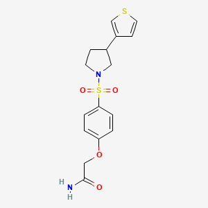 molecular formula C16H18N2O4S2 B2530818 2-(4-((3-(Thiophen-3-yl)pyrrolidin-1-yl)sulfonyl)phenoxy)acetamide CAS No. 2176270-89-4