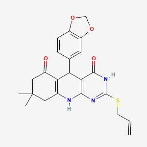 molecular formula C23H23N3O4S B2531004 2-(allylthio)-5-(benzo[d][1,3]dioxol-5-yl)-8,8-dimethyl-7,8,9,10-tetrahydropyrimido[4,5-b]quinoline-4,6(3H,5H)-dione CAS No. 627048-15-1