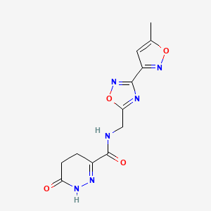 molecular formula C12H12N6O4 B2531069 N-((3-(5-methylisoxazol-3-yl)-1,2,4-oxadiazol-5-yl)methyl)-6-oxo-1,4,5,6-tetrahydropyridazine-3-carboxamide CAS No. 2034506-13-1
