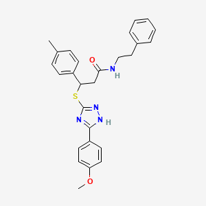 molecular formula C27H28N4O2S B2531130 3-{[5-(4-甲氧基苯基)-4H-1,2,4-三唑-3-基]硫代}-3-(4-甲基苯基)-N-(2-苯乙基)丙酰胺 CAS No. 877818-79-6