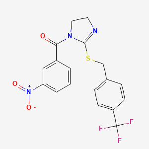 molecular formula C18H14F3N3O3S B2531179 (3-nitrophenyl)(2-((4-(trifluoromethyl)benzyl)thio)-4,5-dihydro-1H-imidazol-1-yl)methanone CAS No. 851806-23-0