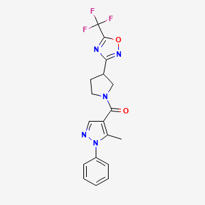 molecular formula C18H16F3N5O2 B2531191 (5-甲基-1-苯基-1H-吡唑-4-基)(3-(5-(三氟甲基)-1,2,4-恶二唑-3-基)吡咯烷-1-基)甲酮 CAS No. 2034284-63-2