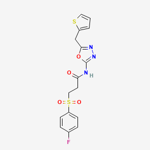 molecular formula C16H14FN3O4S2 B2531244 3-((4-fluorophenyl)sulfonyl)-N-(5-(thiophen-2-ylmethyl)-1,3,4-oxadiazol-2-yl)propanamide CAS No. 1021112-97-9