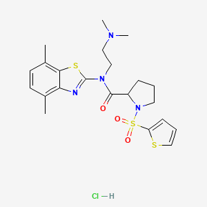 molecular formula C22H29ClN4O3S3 B2531270 盐酸N-(2-(二甲氨基)乙基)-N-(4,7-二甲基苯并[d]噻唑-2-基)-1-(噻吩-2-基磺酰基)吡咯烷-2-甲酰胺 CAS No. 1323115-11-2